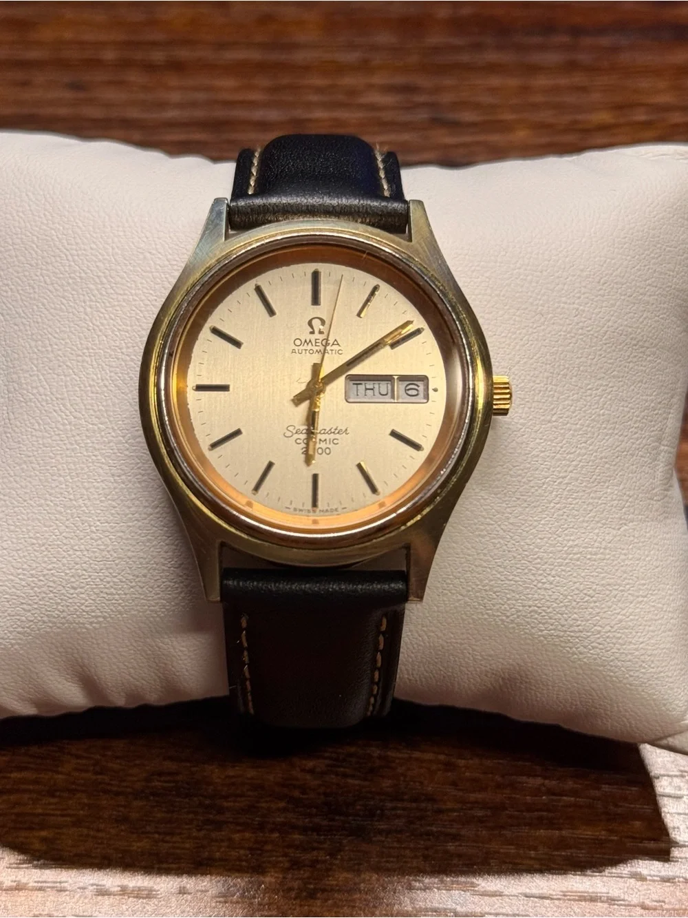 Omega Gold Dial Automatic Watch with Black Leather Strap